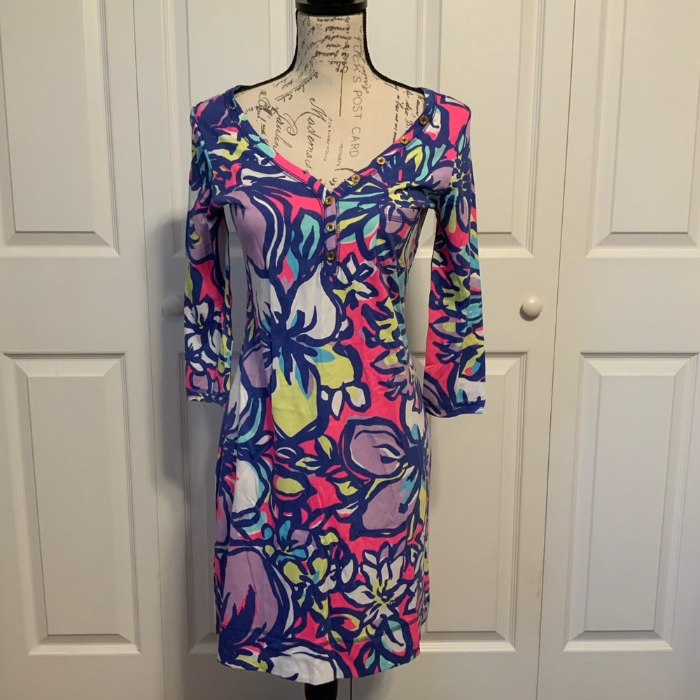 Lilly Pulitzer Pink and Yellow Sheath Dress V-Neck 3/4 Sleeve